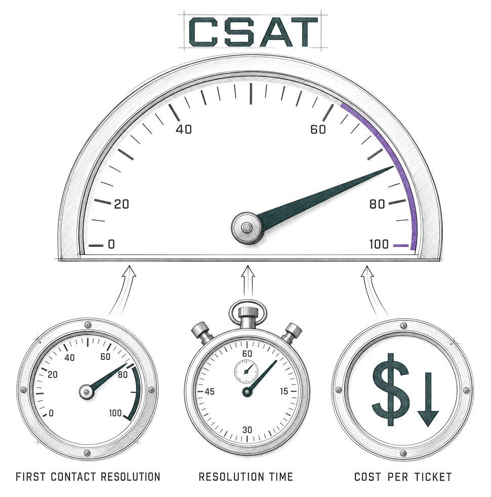 The leading support metrics, first contact resolution, resolution time, and cost per ticket, feeding a rising CSAT score