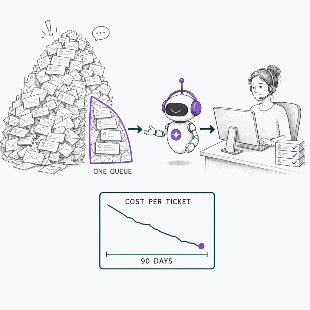 A mountain of support tickets with a single queue lifted out and marked in purple, routed through the Kayako AI agent to a support agent handling the resolved tickets, above a chart showing cost per ticket falling over 90 days